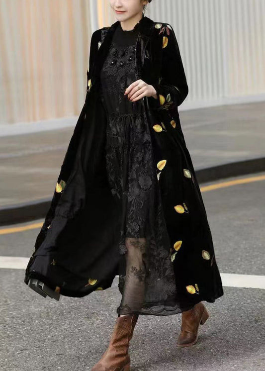 Style Black Notched Print Velk Velor Long Trench Cods Long Manneve