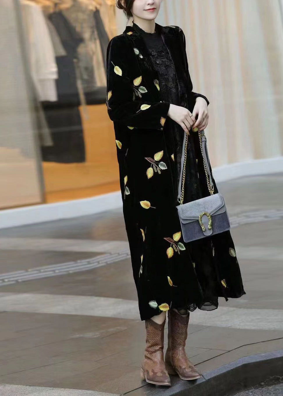 Style Black Notched Print Velk Velor Long Trench Cods Long Manneve