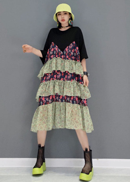 Style Black O-Neck Layered Patchwork Ruffles Cotton Robe Dresses Short Sleeve