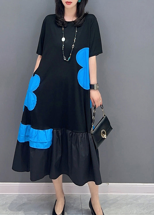 Style Black Patchwork Blue O Neck Print Vacation robes longues Summer