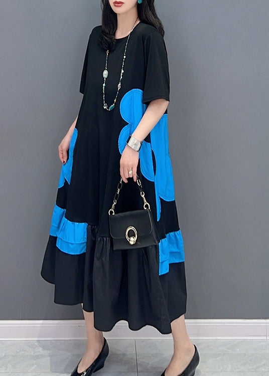 Style Black Patchwork Blue O Neck Print Vacation robes longues Summer