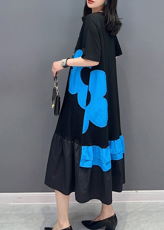 Style Black Patchwork Blue O Neck Print Vacation robes longues Summer