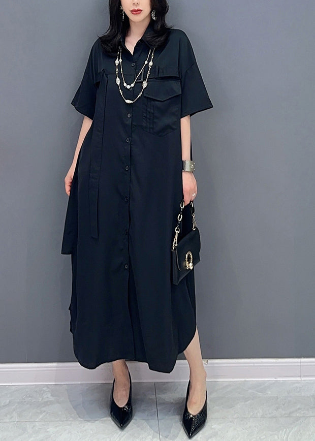 Style Black Peter Pan Collar Button Solide Shirts Maxi Shirts Robe Summer