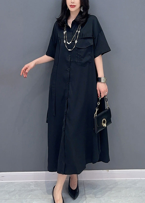 Style Black Peter Pan Collar Button Solide Shirts Maxi Shirts Robe Summer