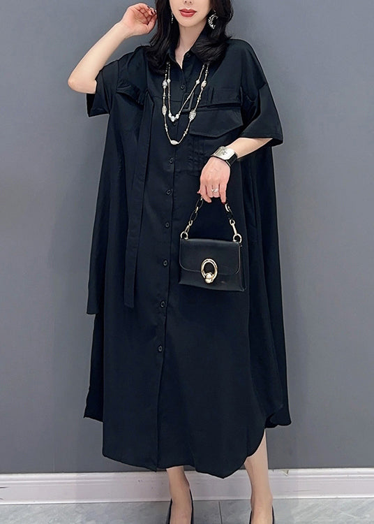 Style Black Peter Pan Collar Button Solide Shirts Maxi Shirts Robe Summer