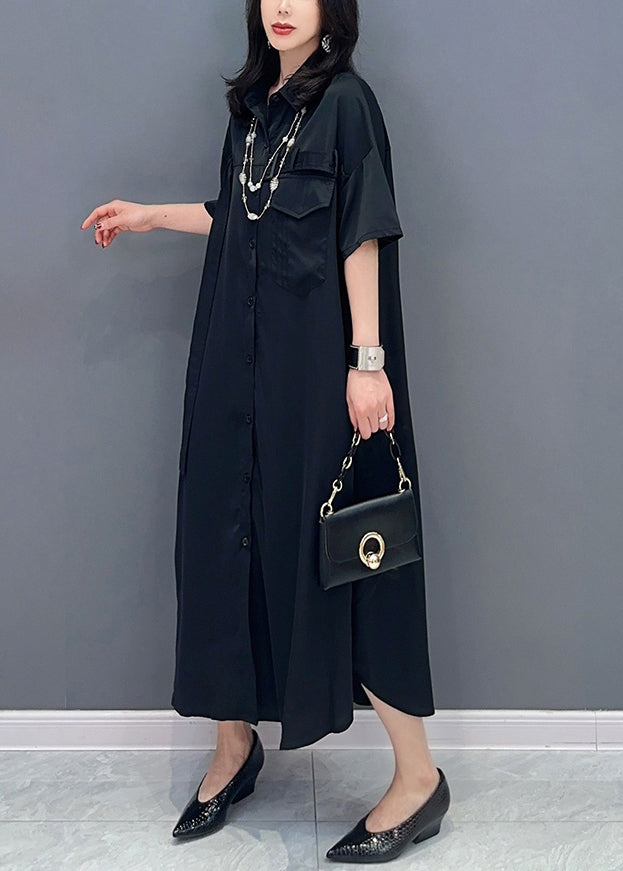 Style Black Peter Pan Collar Button Solide Shirts Maxi Shirts Robe Summer