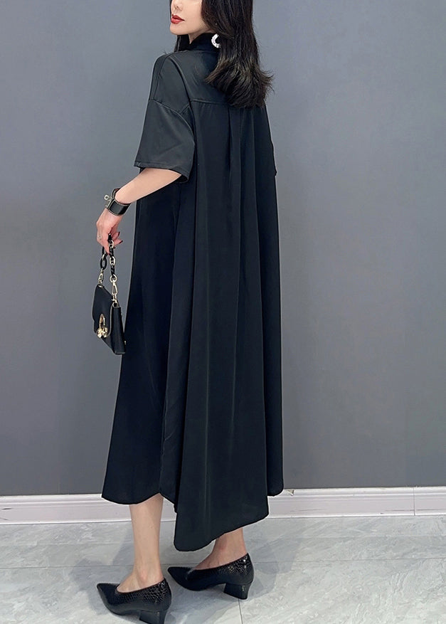 Style Black Peter Pan Collar Button Solide Shirts Maxi Shirts Robe Summer