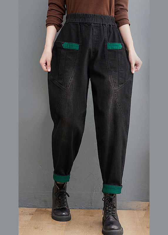 Style Black Pockets Patchwork Denim Pants printemps