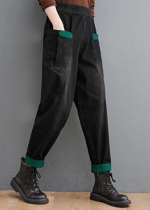 Style Black Pockets Patchwork Denim Pants printemps