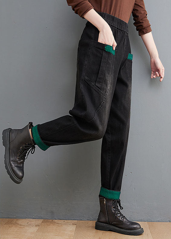 Style Black Pockets Patchwork Denim Pants printemps