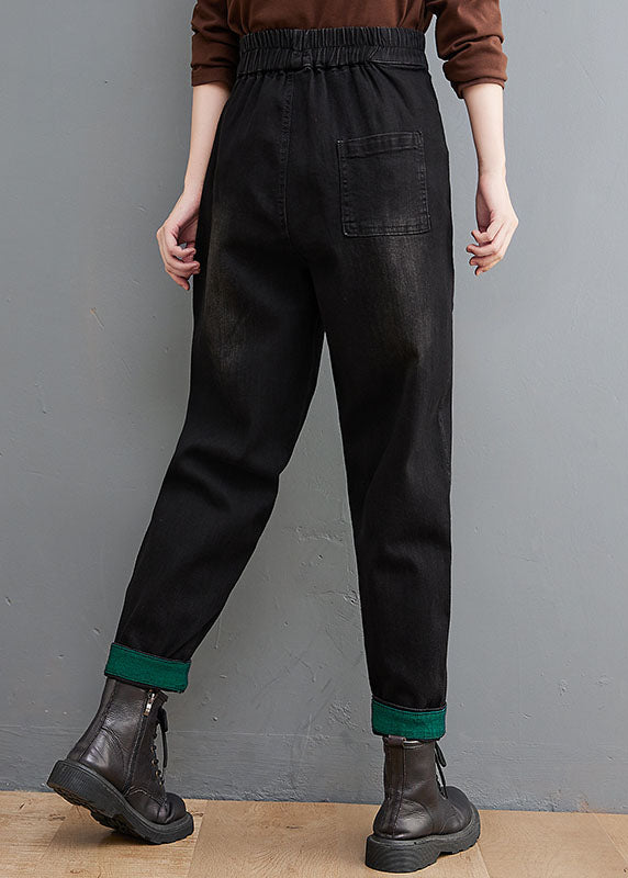 Style Black Pockets Patchwork Denim Pants printemps