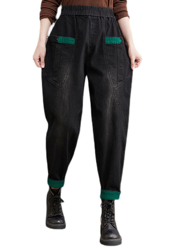 Style Black Pockets Patchwork Denim Pants printemps