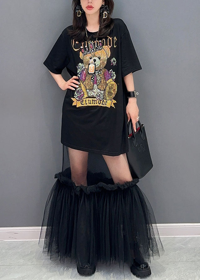 Style Black Tulle Ruffled Cartoon Print Patchwork Robe Coton Robe Summer