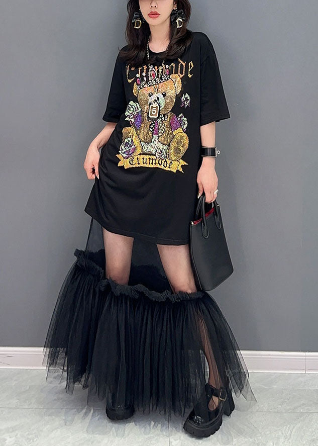 Style Black Tulle Ruffled Cartoon Print Patchwork Robe Coton Robe Summer