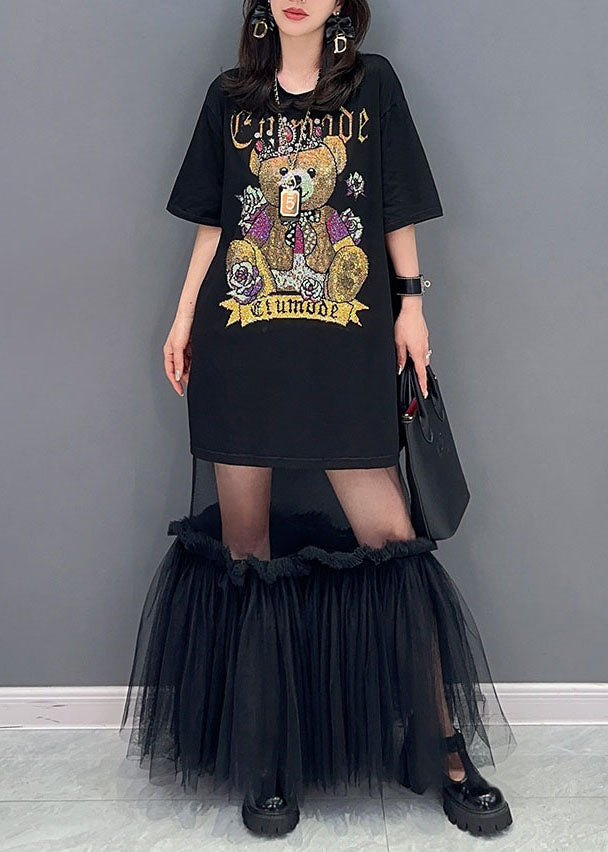 Style Black Tulle Ruffled Cartoon Print Patchwork Robe Coton Robe Summer