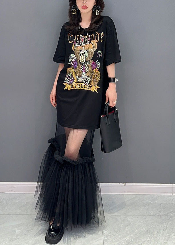 Style Black Tulle Ruffled Cartoon Print Patchwork Robe Coton Robe Summer