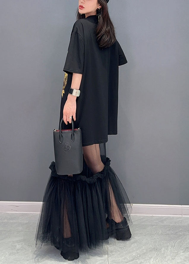 Style Black Tulle Ruffled Cartoon Print Patchwork Robe Coton Robe Summer