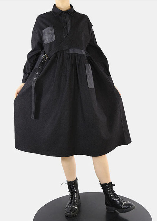 Style Black Asymétrical Design Cinched Peter Pan Collar Denim Robe Spring