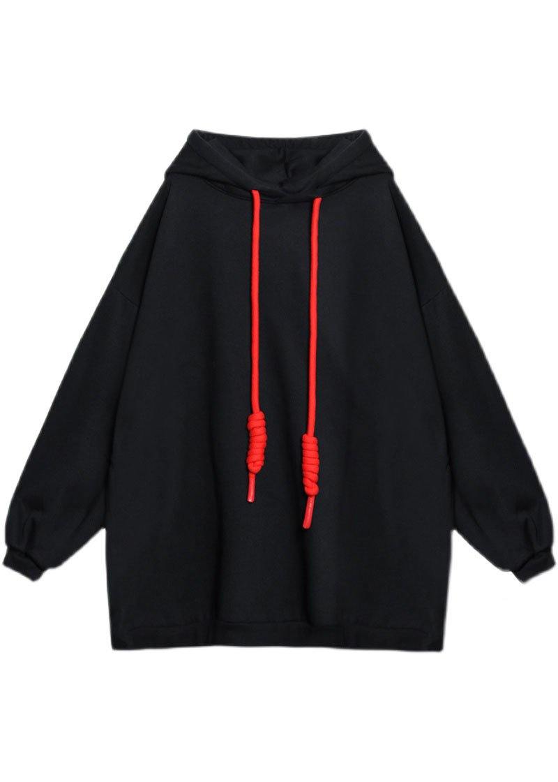 Style Black hooded Pockets Drawstring Fall Loose Sweatshirts Top - SooLinen