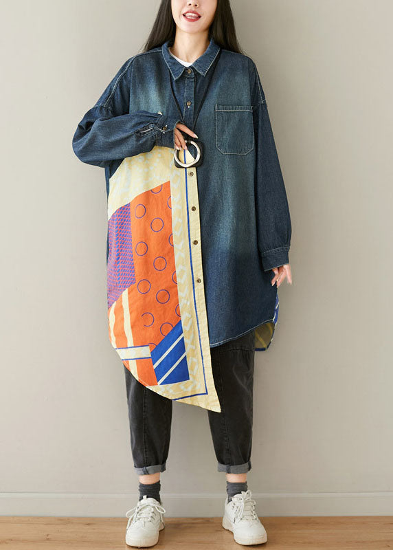 Style Blue Asymétrical Pockets Patchwork Cotton Denim Coats Spring