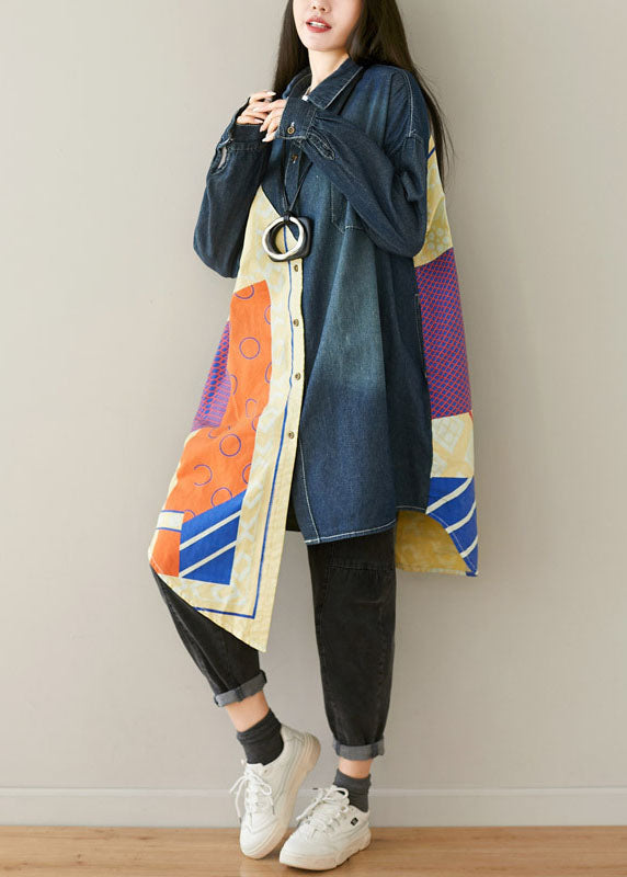 Style Blue Asymétrical Pockets Patchwork Cotton Denim Coats Spring