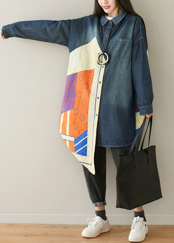 Style Blue Asymétrical Pockets Patchwork Cotton Denim Coats Spring