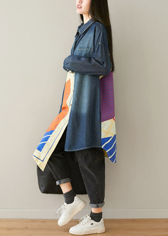 Style Blue Asymétrical Pockets Patchwork Cotton Denim Coats Spring