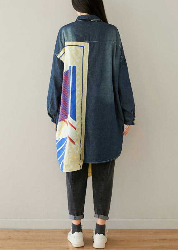 Style Blue Asymétrical Pockets Patchwork Cotton Denim Coats Spring