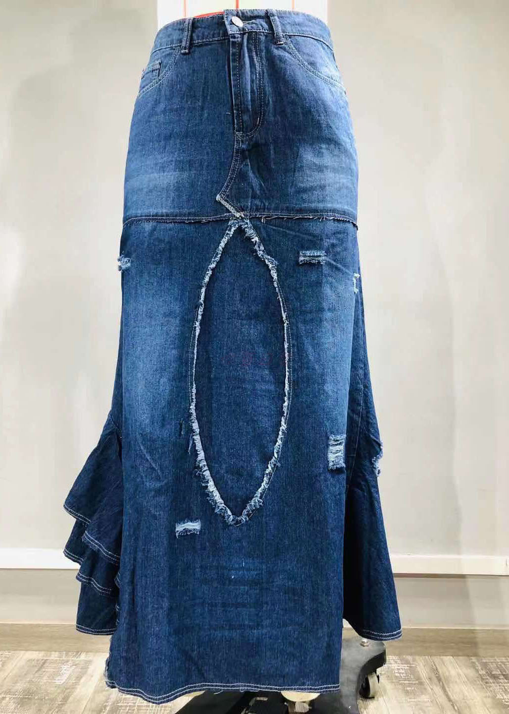 Style Blue Asymmetrical Wrinkled Pockets Patchwork Denim Skirt Summer