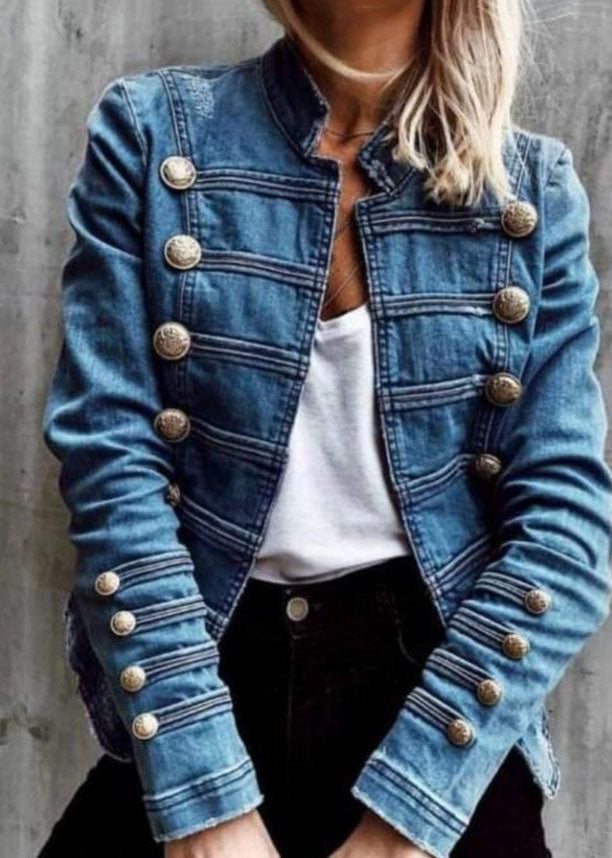 Style Blue double poitrine Patchwork Slim Fit Denim Coat Spring