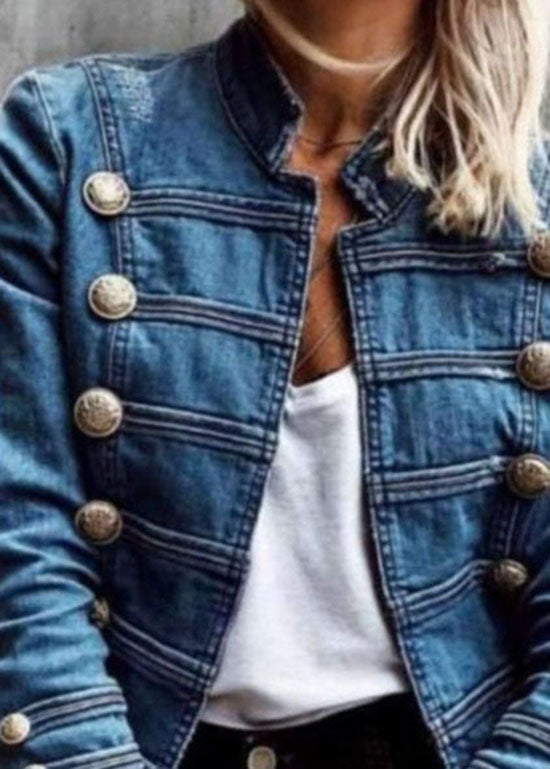 Style Blue double poitrine Patchwork Slim Fit Denim Coat Spring