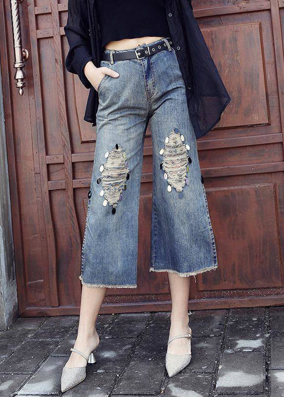 Style Blue High Pockets côté paillettes ouvertes Pantalons de récolte en denim en coton Summer