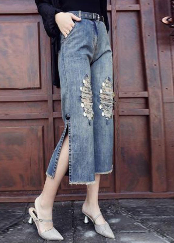 Style Blue High Pockets côté paillettes ouvertes Pantalons de récolte en denim en coton Summer