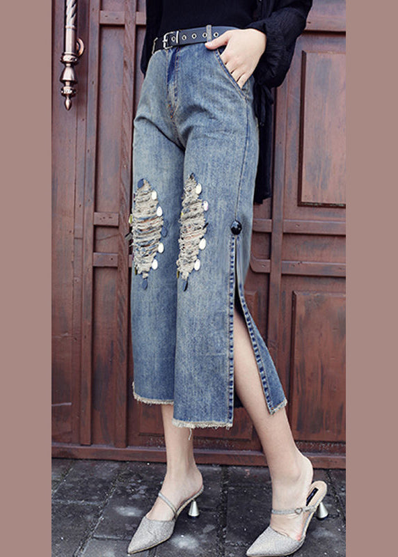 Style Blue High Pockets côté paillettes ouvertes Pantalons de récolte en denim en coton Summer