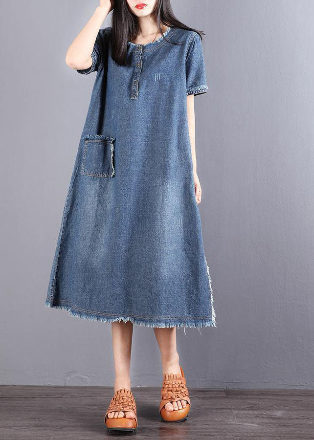 Style Bleu O Neck Pocket Pocket Side Open Cotton Vacation Denim Robes à manches courtes