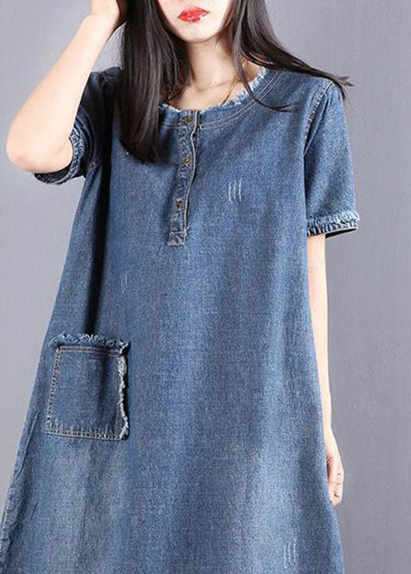 Style Bleu O Neck Pocket Pocket Side Open Cotton Vacation Denim Robes à manches courtes