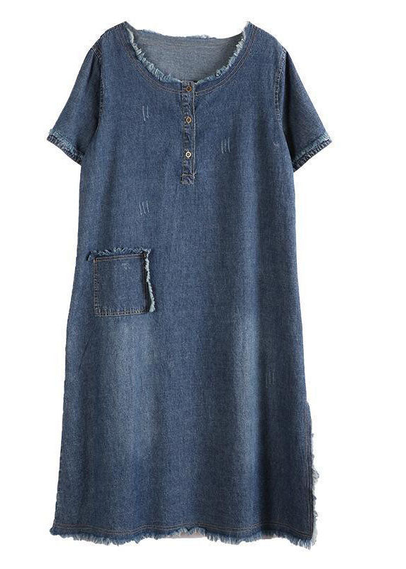 Style Bleu O Neck Pocket Pocket Side Open Cotton Vacation Denim Robes à manches courtes