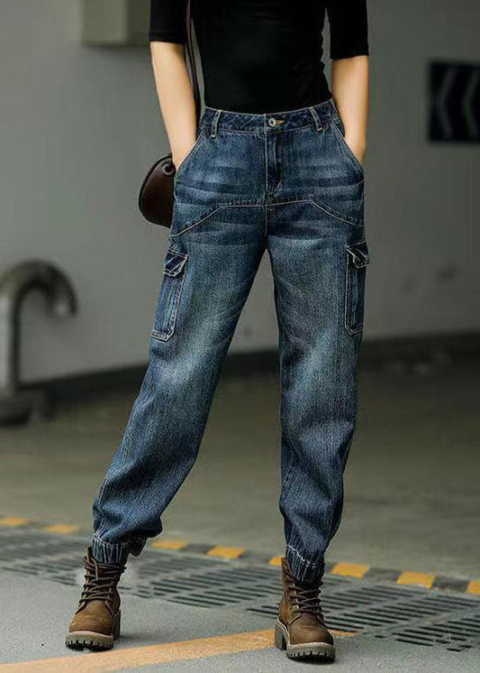 Style Blue Original Design Pockets Patchwork Cotton Denim Beam Pantal