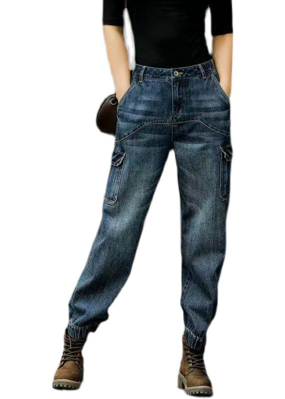 Style Blue Original Design Pockets Patchwork Cotton Denim Beam Pants Spring