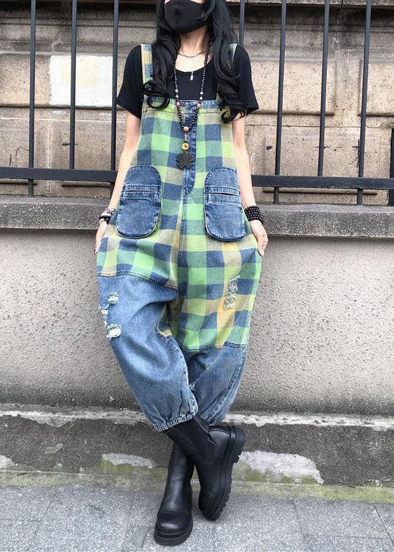 Style Blue Patchwork Plaid Imprime Denim Spaghetti Sangle de combinaison Summer