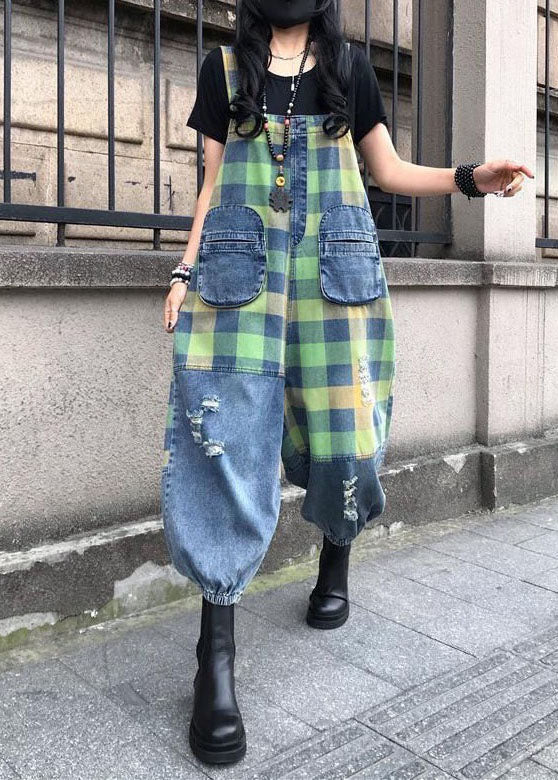 Style Blue Patchwork Plaid Imprime Denim Spaghetti Sangle de combinaison Summer