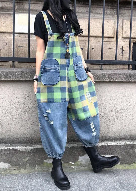 Style Blue Patchwork Plaid Imprime Denim Spaghetti Sangle de combinaison Summer