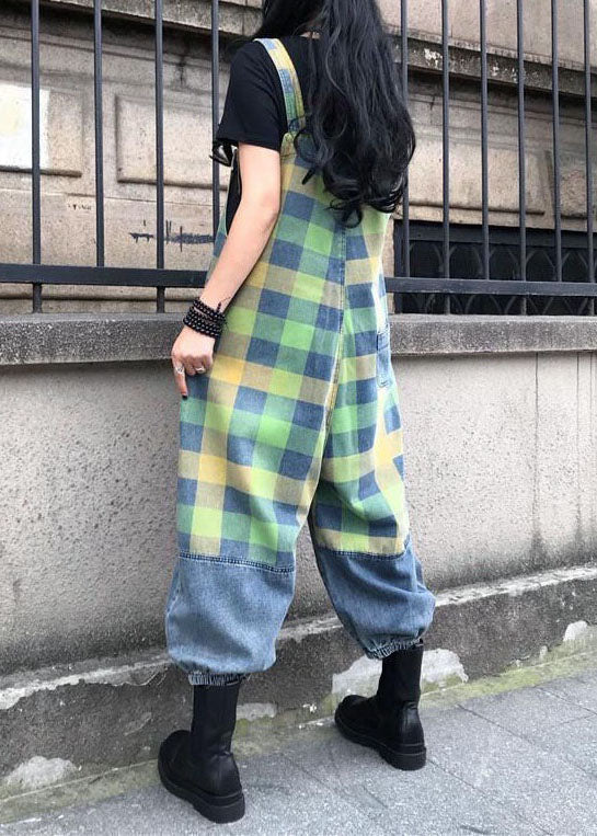 Style Blue Patchwork Plaid Imprime Denim Spaghetti Sangle de combinaison Summer