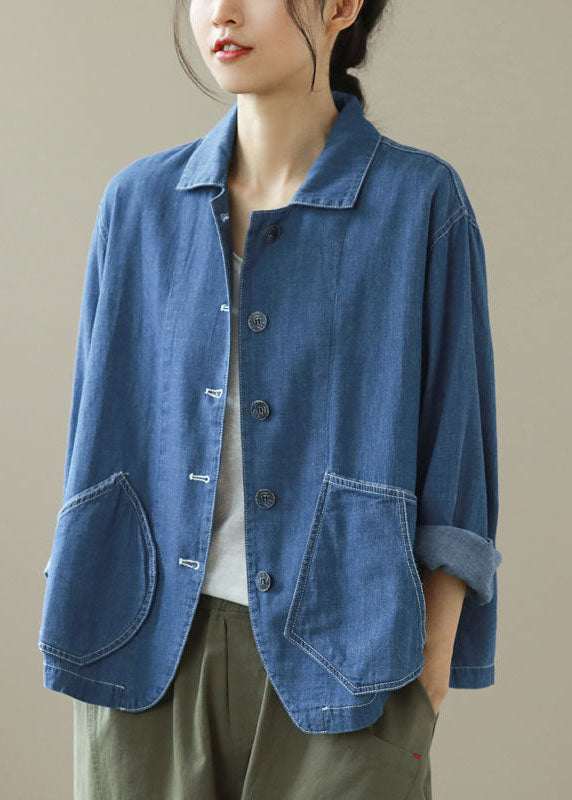 Style Blue Peter Pan Collar Pockets Patchwork Denim Coats Spring