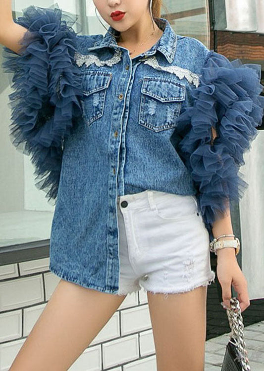 Style Blue Peter Pan Collar Tulle Shuffled Patchwork Denim Shirts Summer