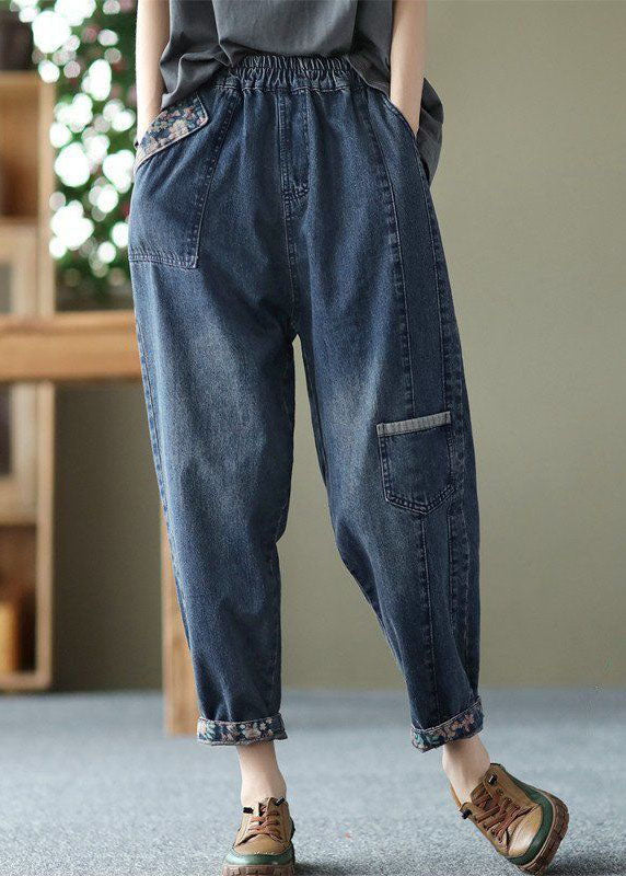 Style Blue Pockets Patchwork Denim Crop Pants printemps