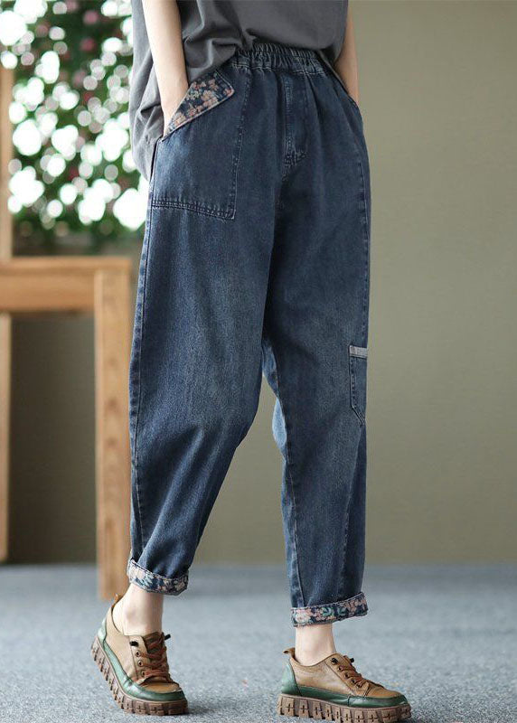 Style Blue Pockets Patchwork Denim Crop Pants printemps