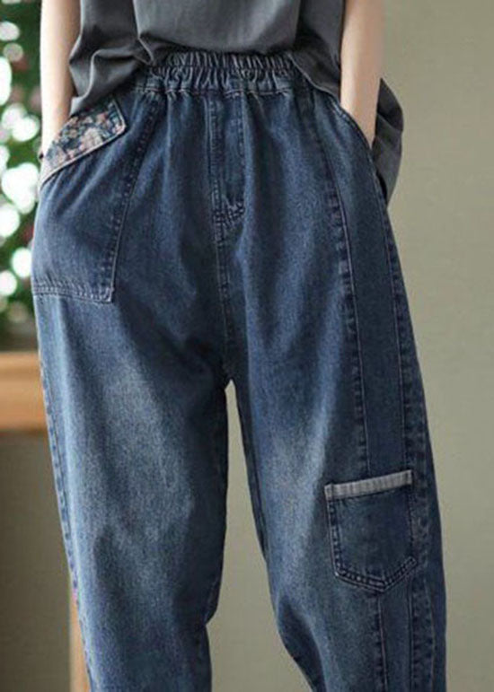 Style Blue Pockets Patchwork Denim Crop Pants printemps