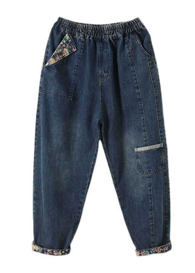 Style Blue Pockets Patchwork Denim Crop Pants printemps