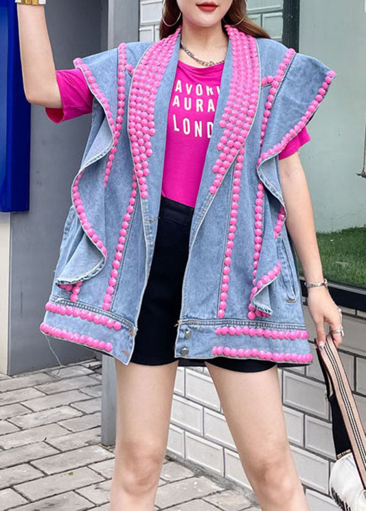 Style Blue Ruffled Nail Perle Patchwork Patchwork Denim Vest sans manches